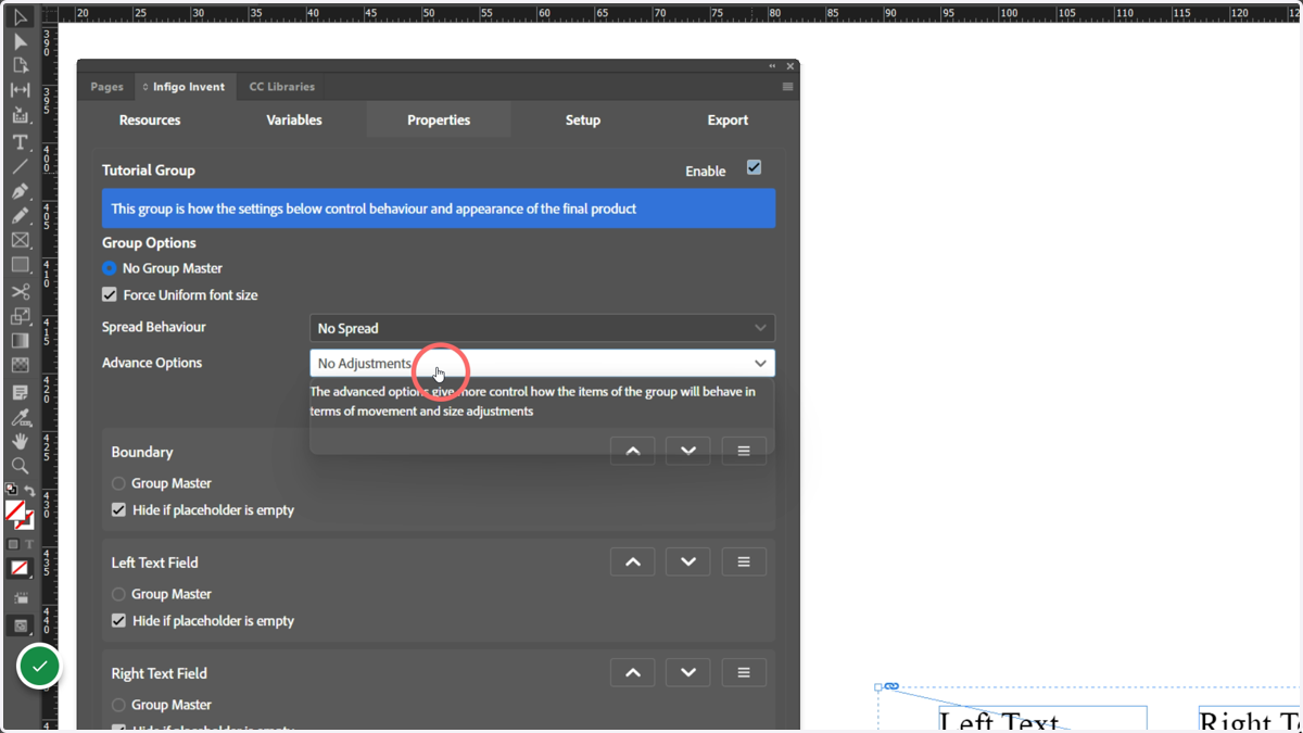 With the group still selected, navigate to the Advance Options tab