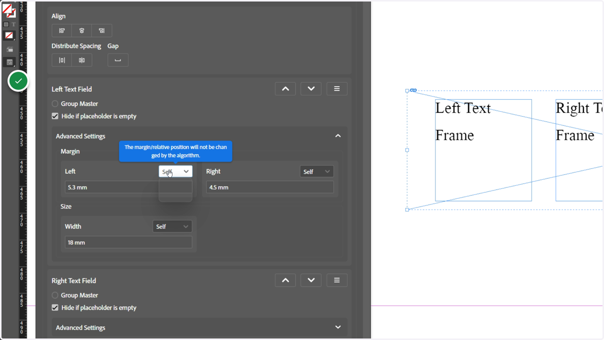 We can change the behaviour of a particular margin or size by clicking the dropdown list associated with it.
