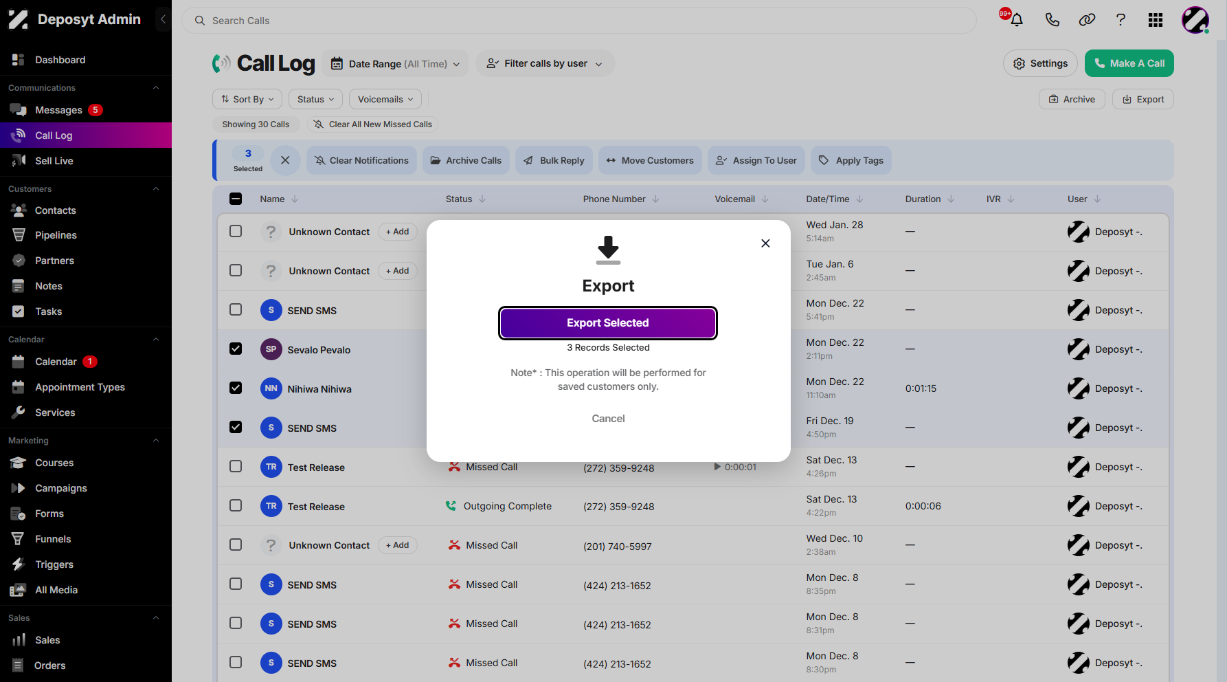 Step 6: Click on Export Selected to start exporting the chosen call history.
