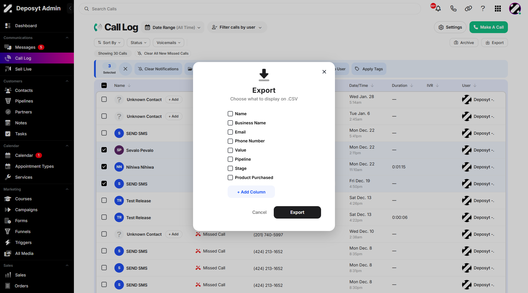 Step 7: A new pop-up window will appear. Select the data fields you want to include in the export by clicking their corresponding checkboxes.