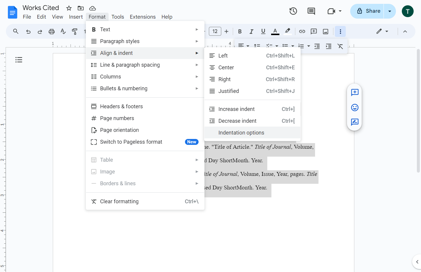 Click on Indentation options