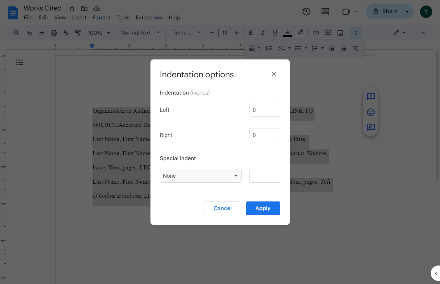 Click on Special indentation type