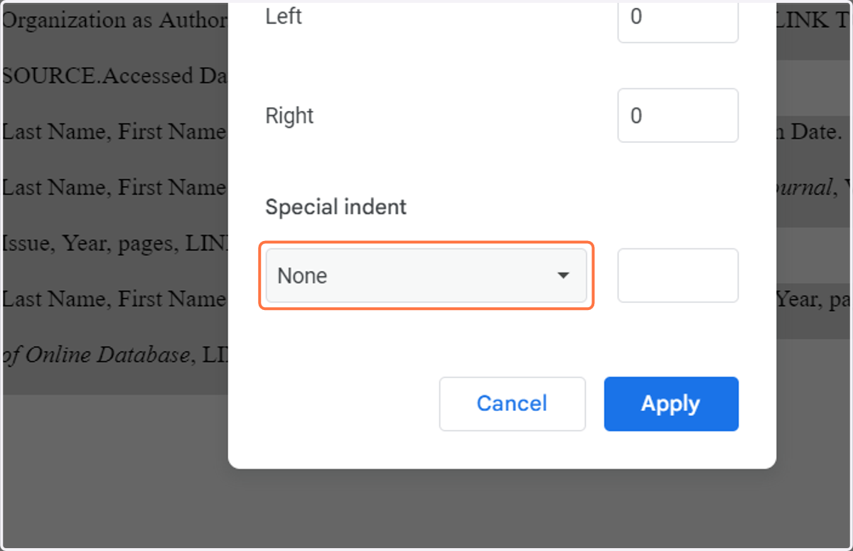 Click on Special indentation type