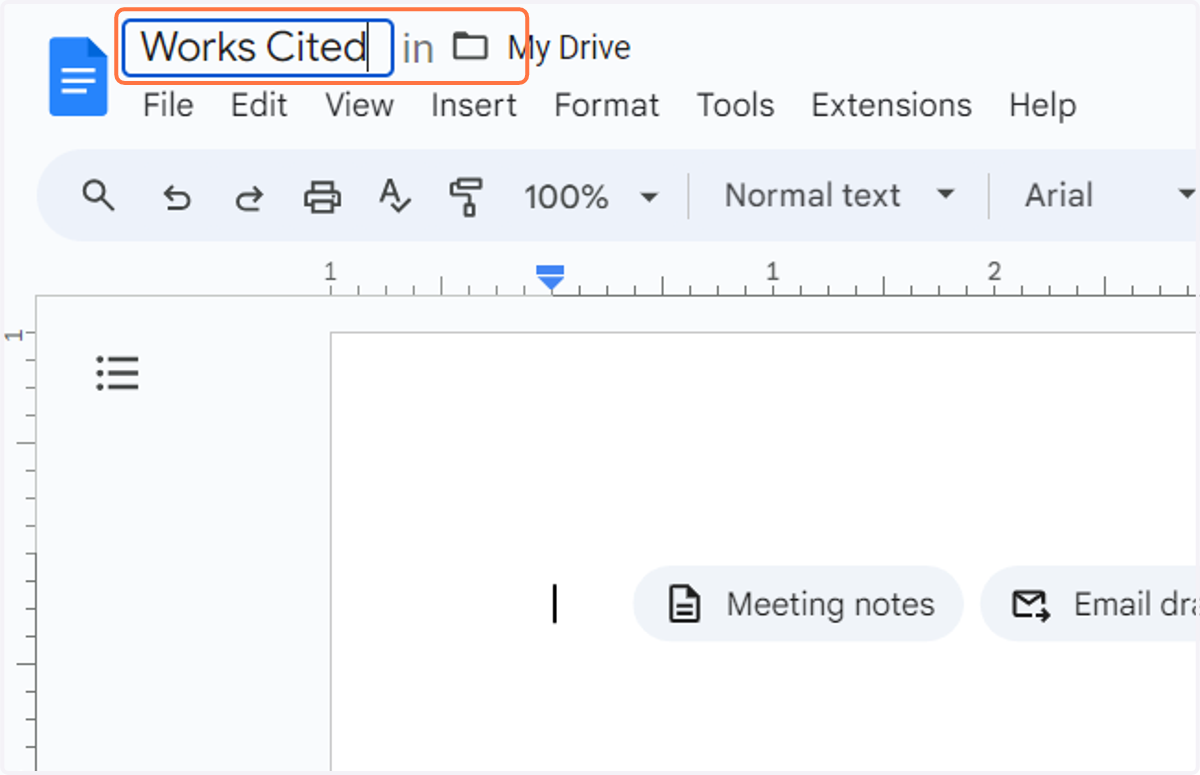 Type "Works Cited" in to title the document.