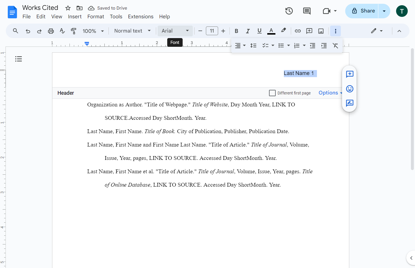 Click on Font list. Arial selected.