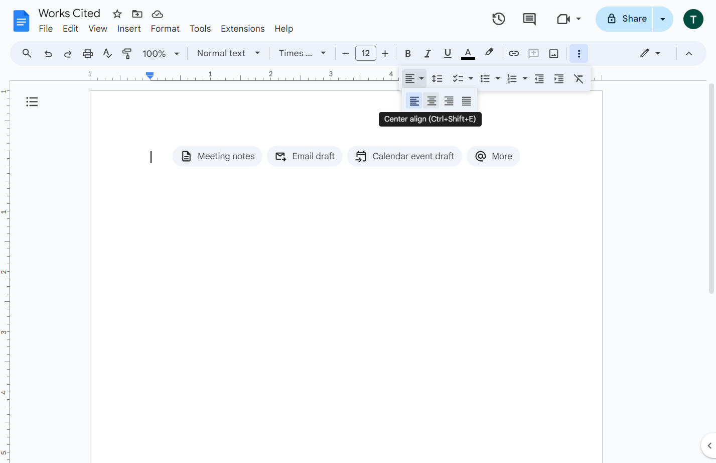 Click on Center align (Ctrl+Shift+E)