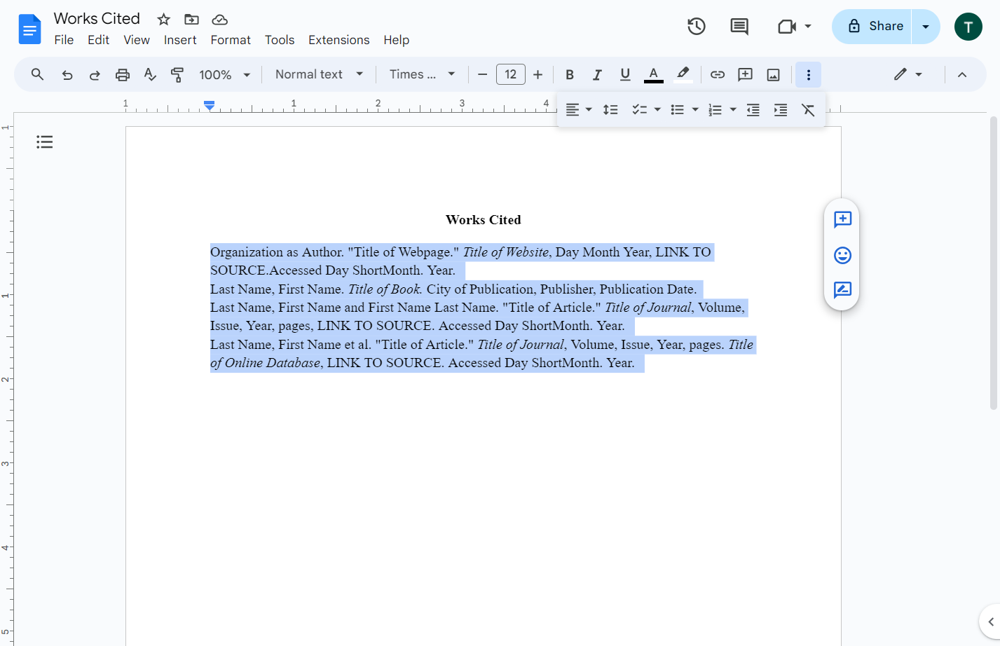 Highlight the citations you've copied in.