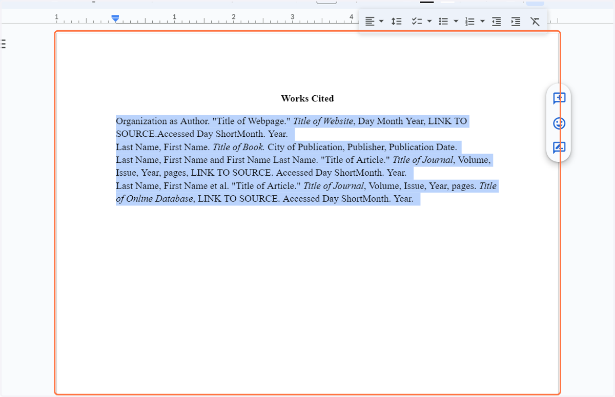 Highlight the citations you've copied in.