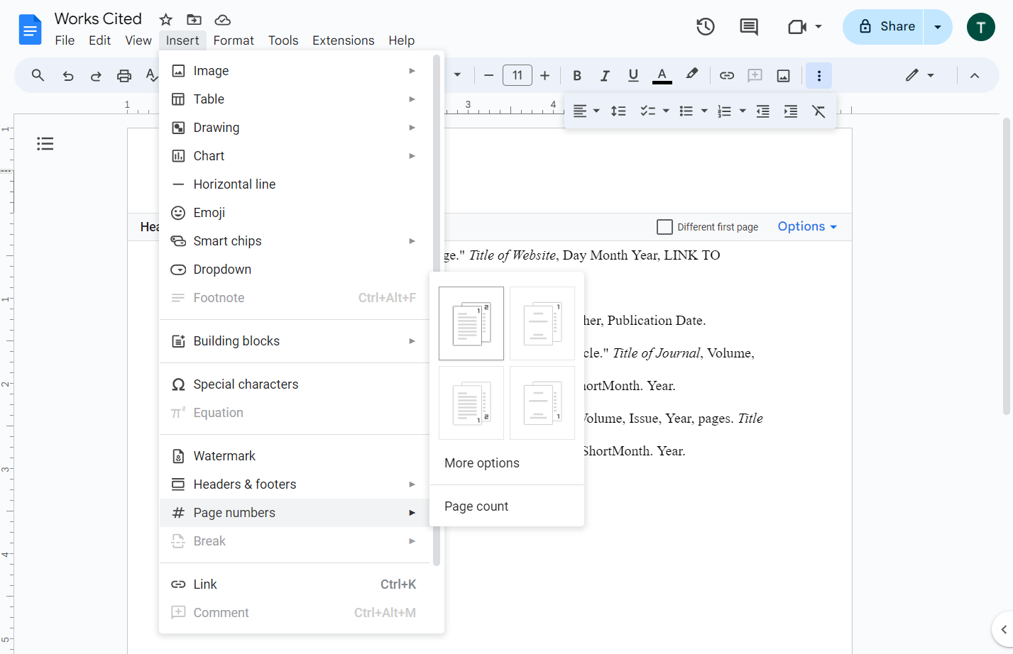 Click on Row 1. Column 1. Page number in header starting on the first page. When the number appears on the left hand corner, type your last name in front of it.