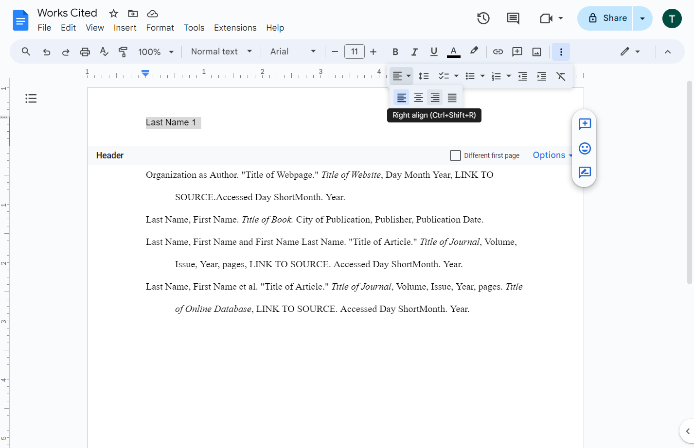 Click on Right align (Ctrl+Shift+R)
