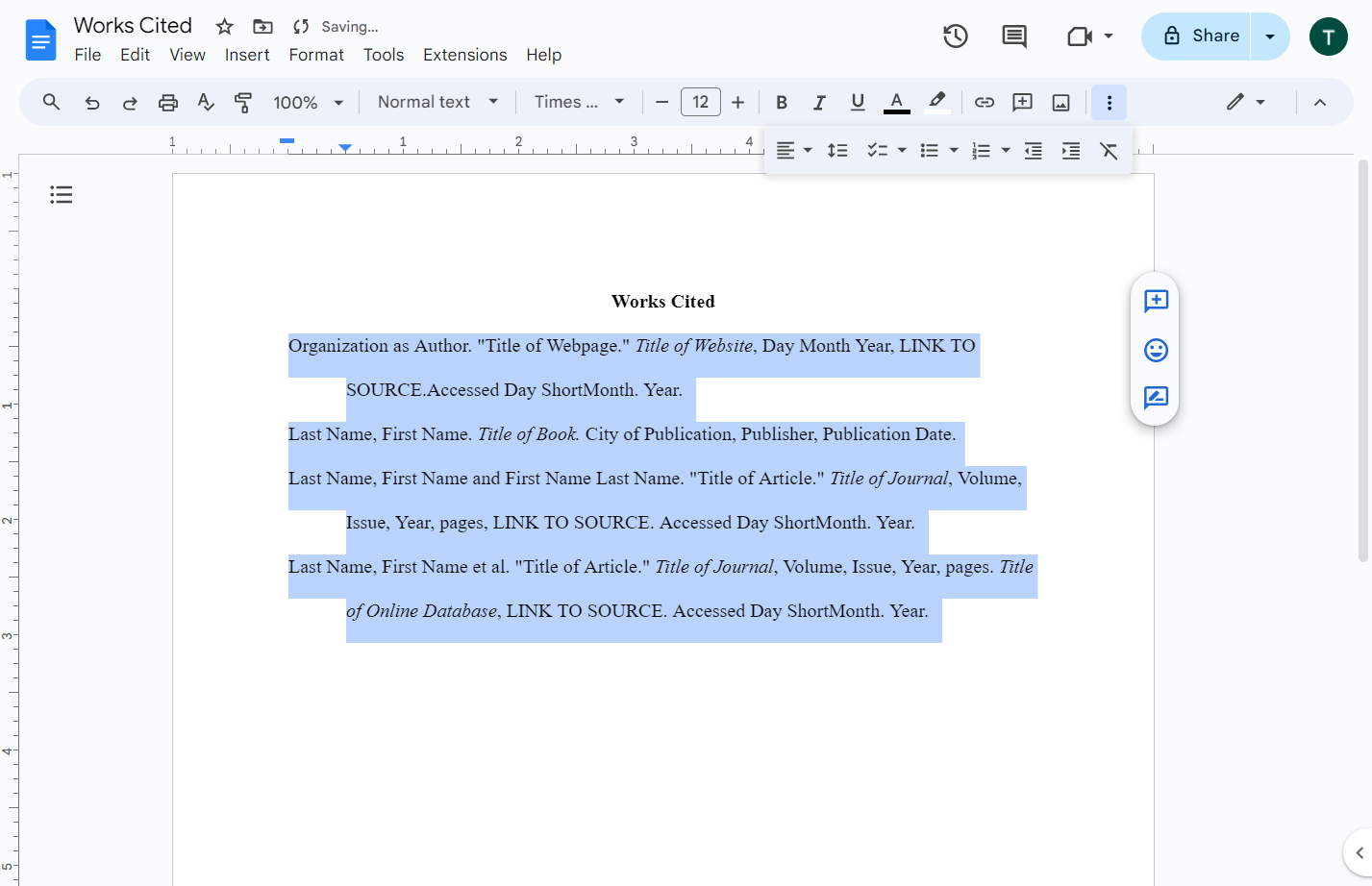 Click on back to the page. Organize your citations entries by alphabetical order starting with Numbers and then A-Z.