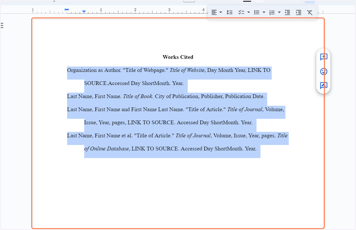 Click on back to the page. Organize your citations entries by alphabetical order starting with Numbers and then A-Z.