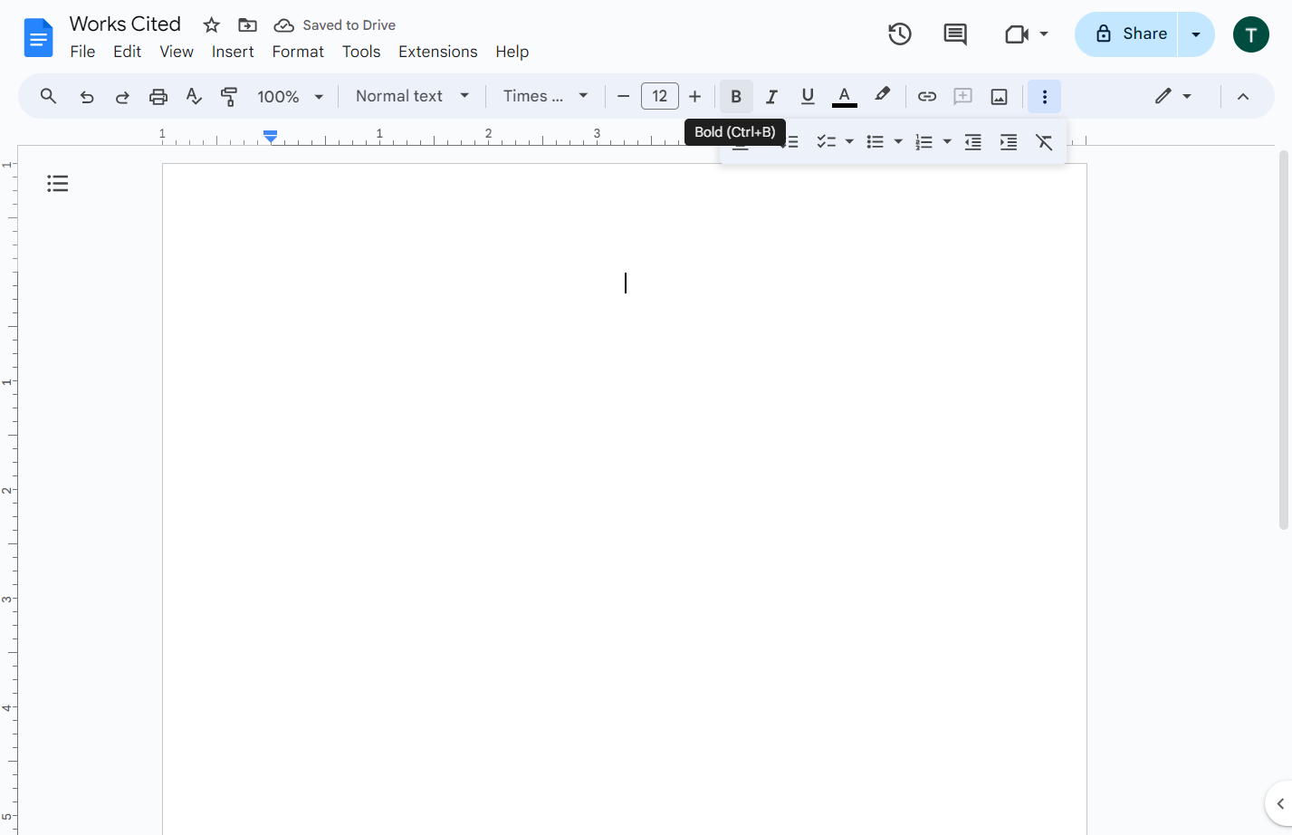 Click on Bold (Ctrl+B) and then type Works Cited onto the page.