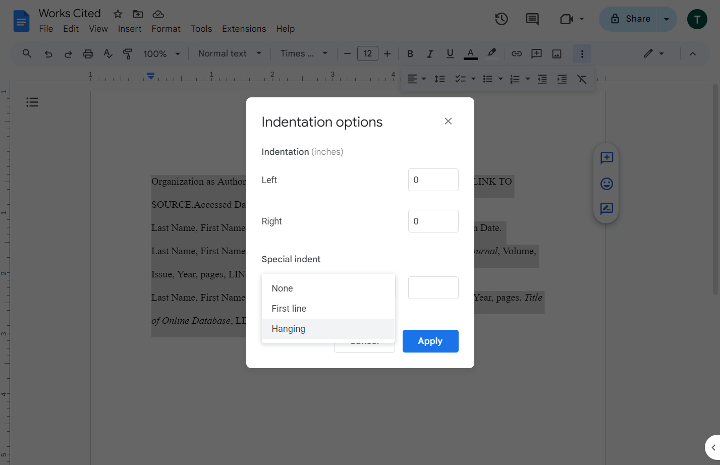 Click on Hanging indentation