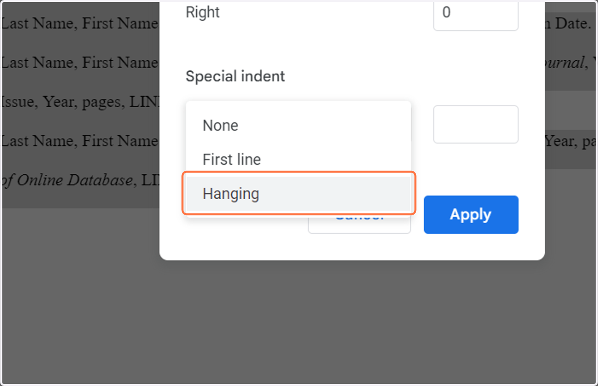 Click on Hanging indentation