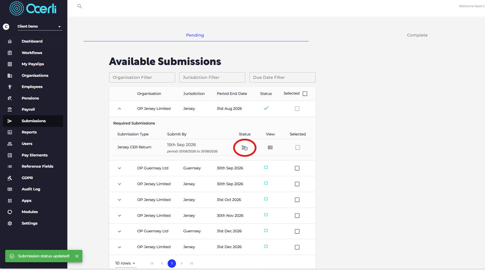 After disabling, the submission status will change to Disabled.