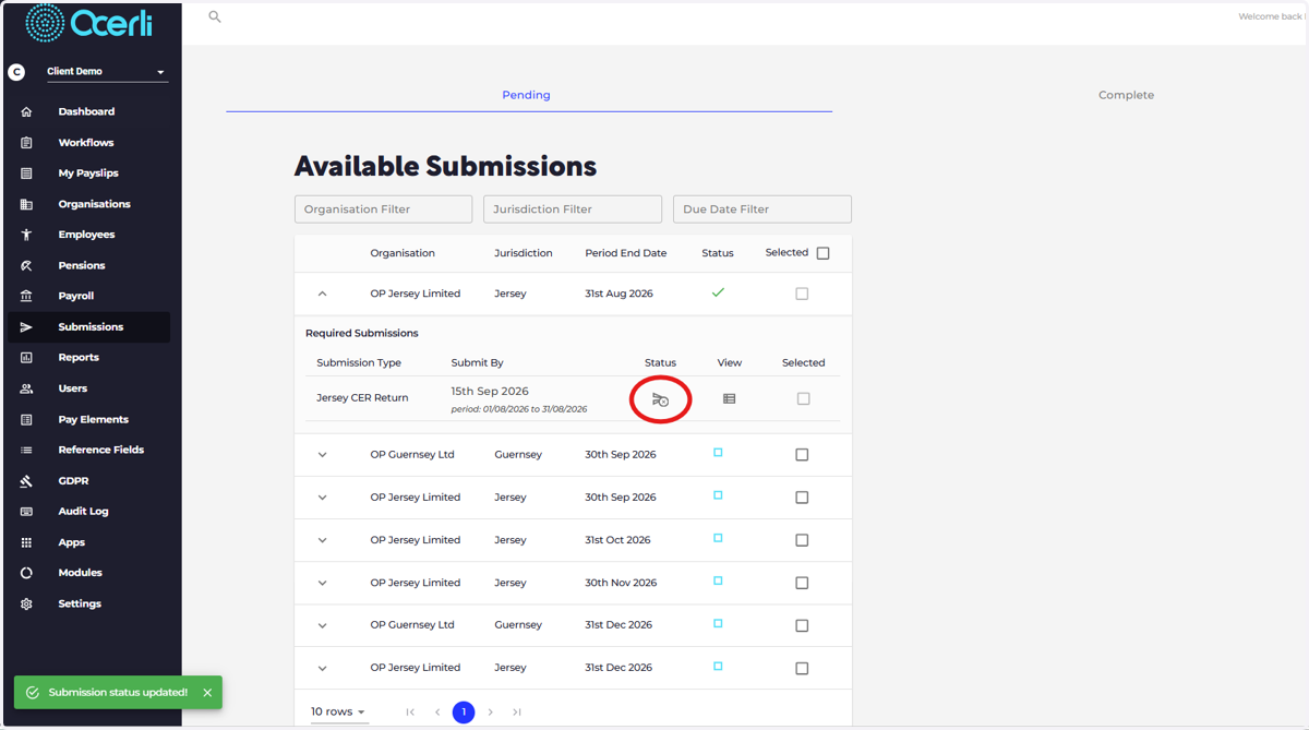 After disabling, the submission status will change to Disabled.