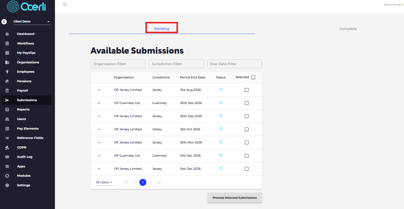 Click the Pending submissions tab.
