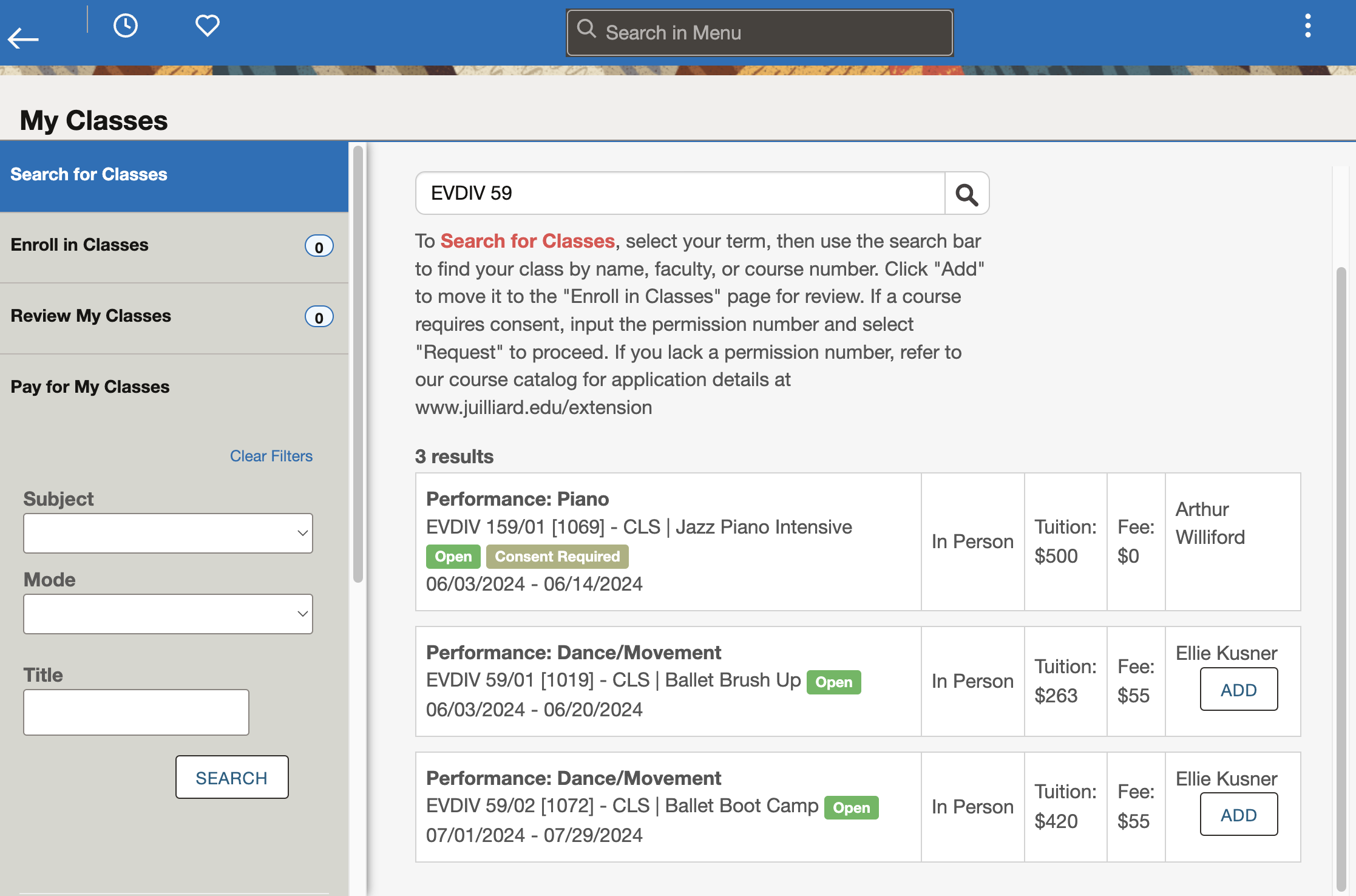 Locate your class by course number (ex: EVDIV 59)...