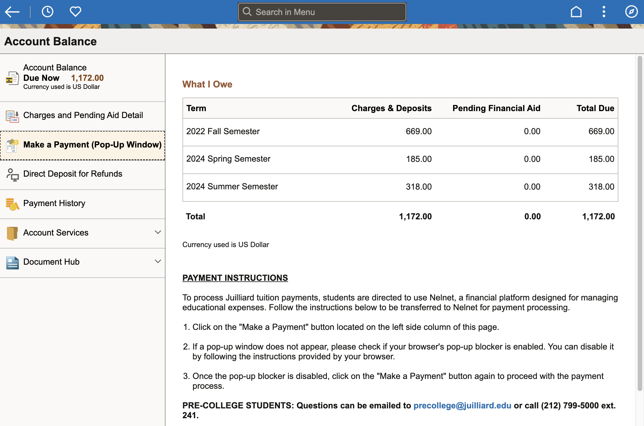 Once ready to make payment, select Make a Payment (Pop-Up Window)