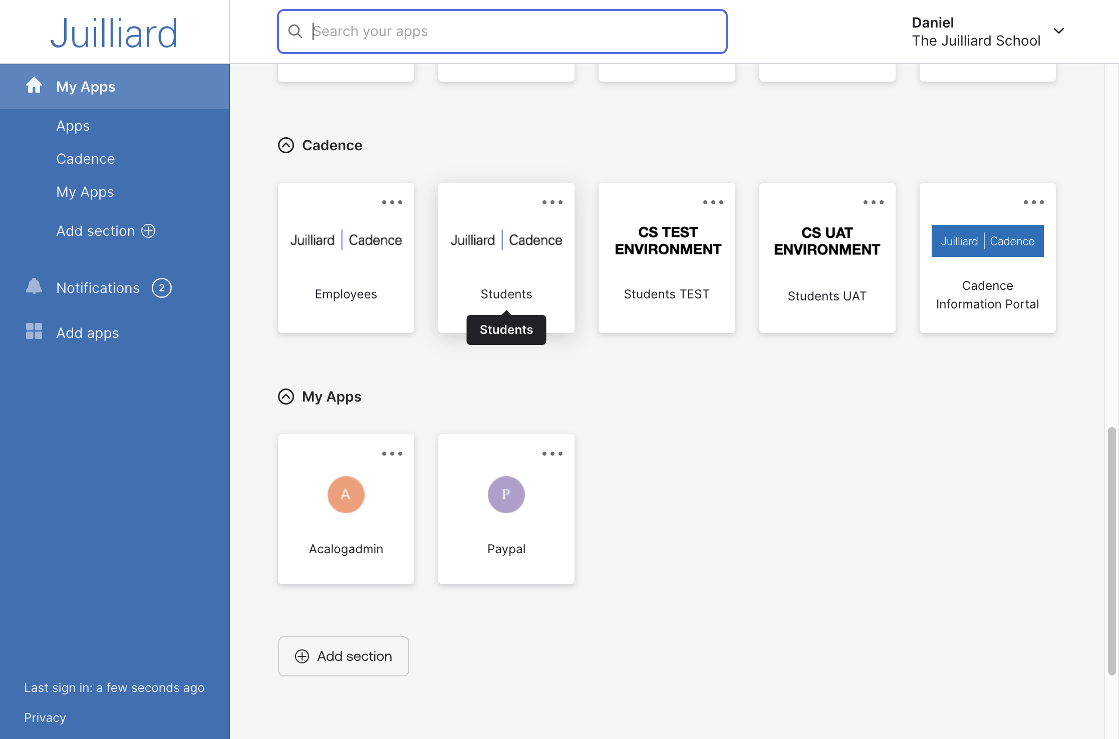 Once logged into Okta, select Juilliard | Cadence (Students)