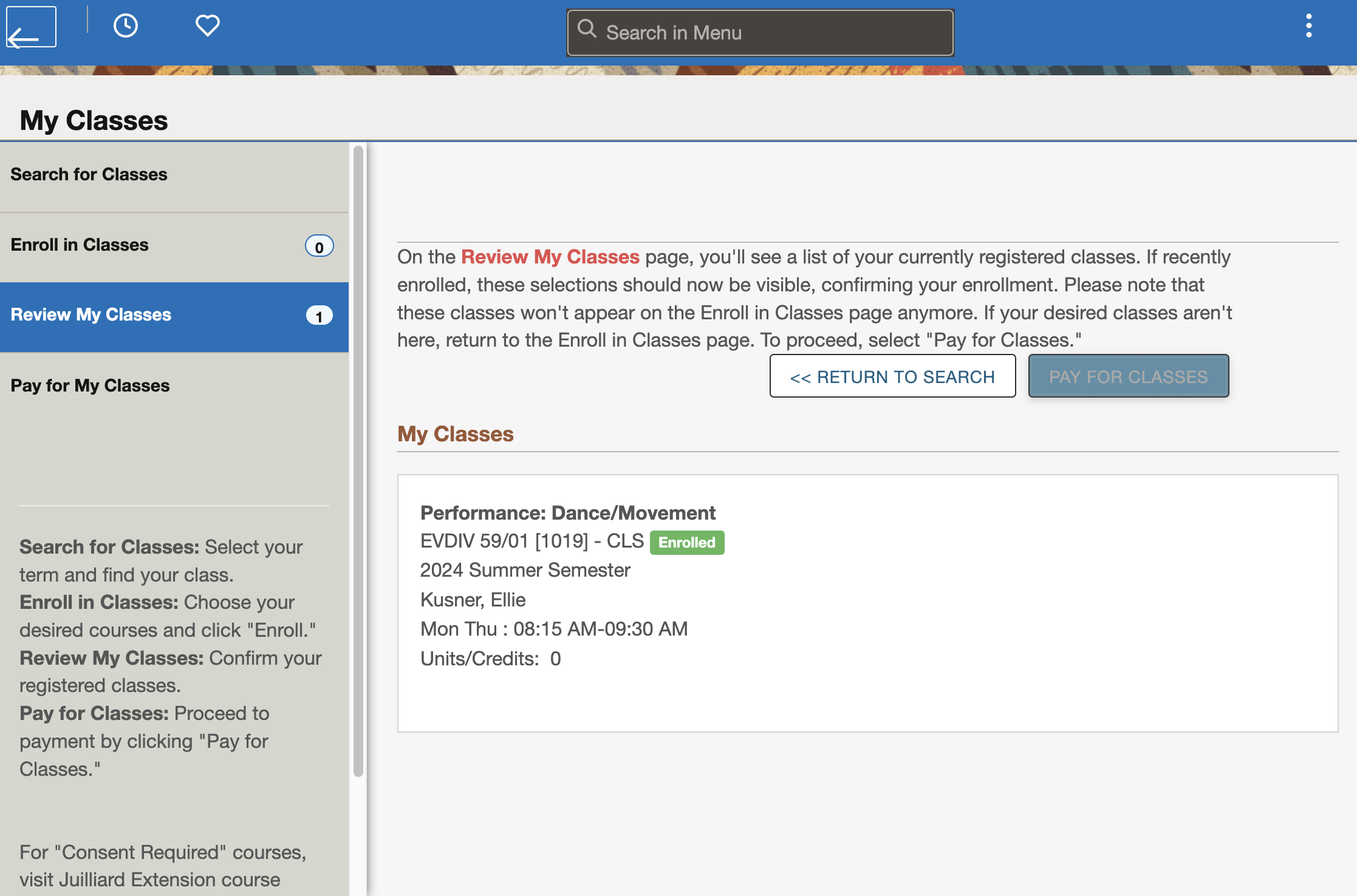 Click on PAY FOR CLASSES