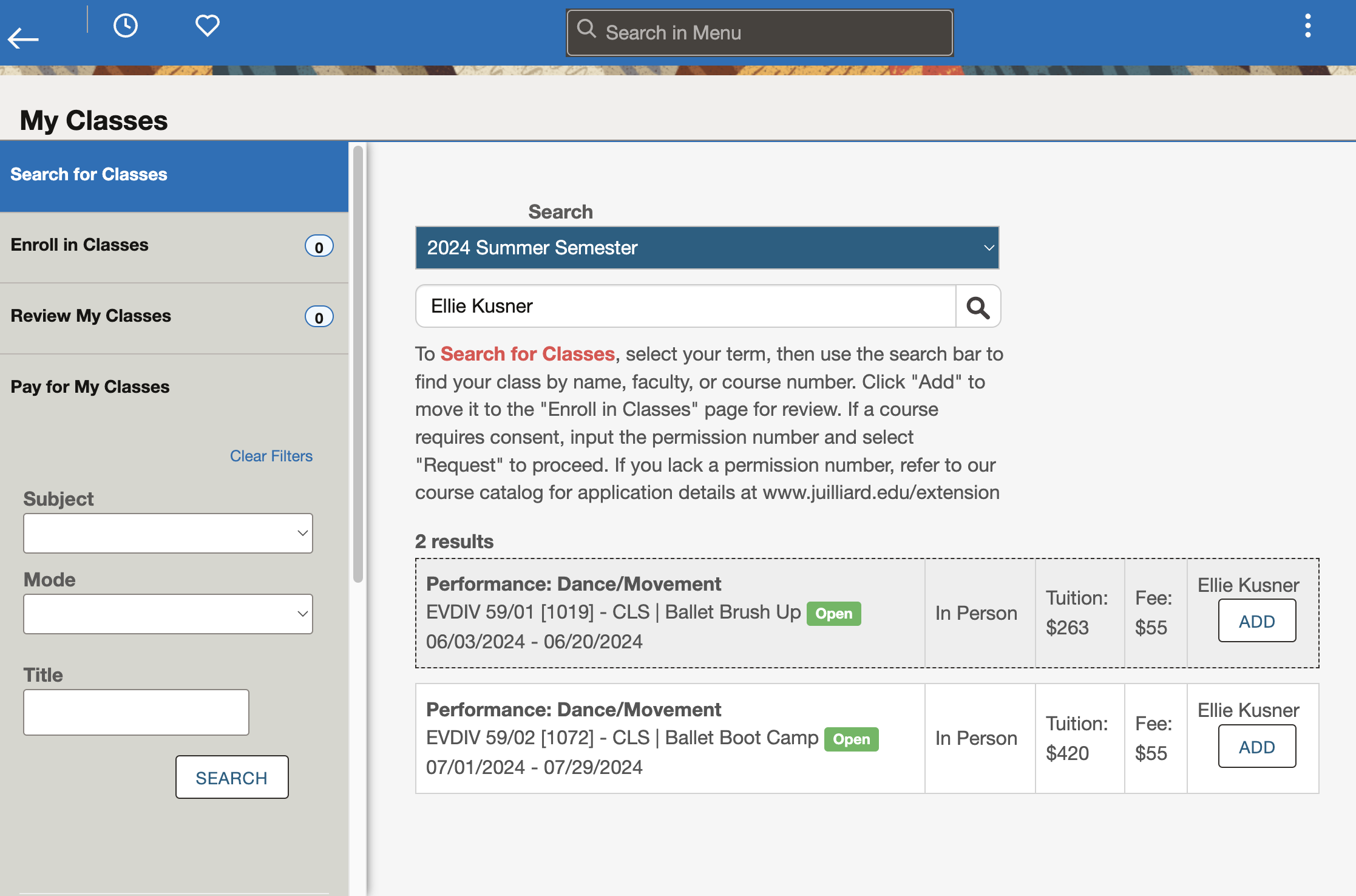 Locate and select the correct class section