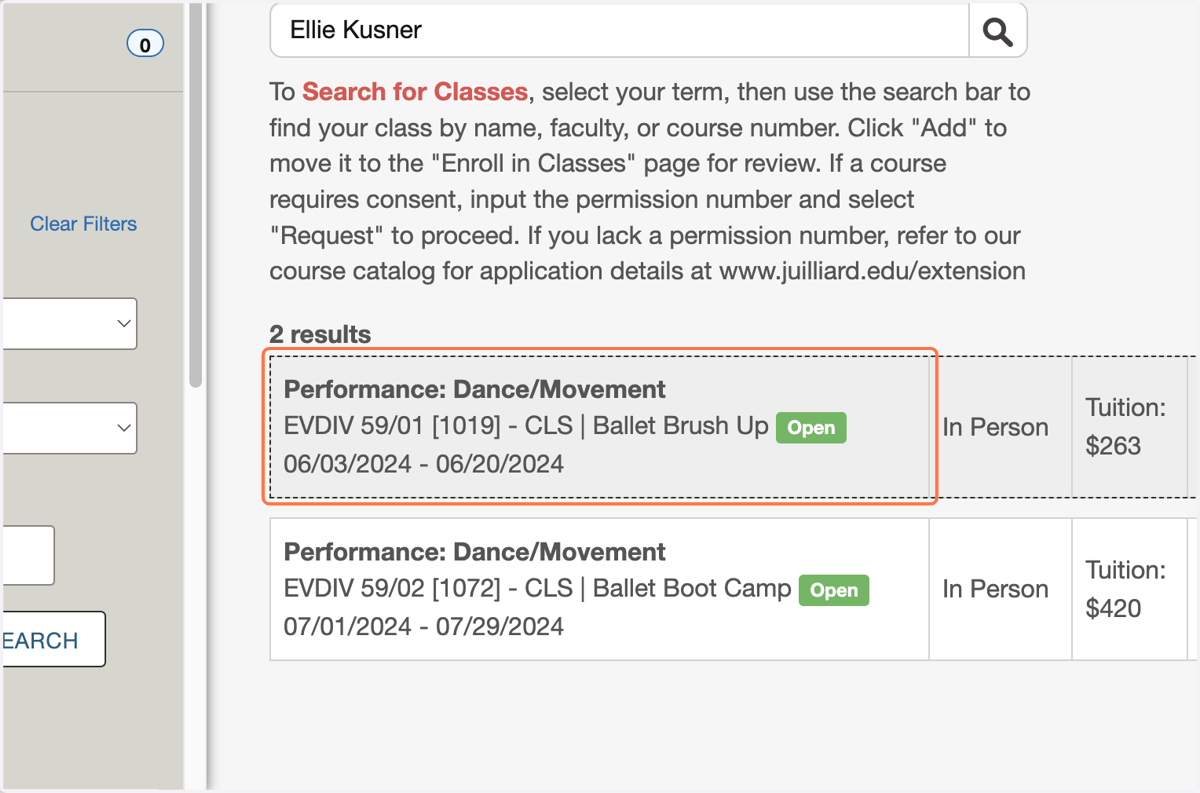 Locate and select the correct class section