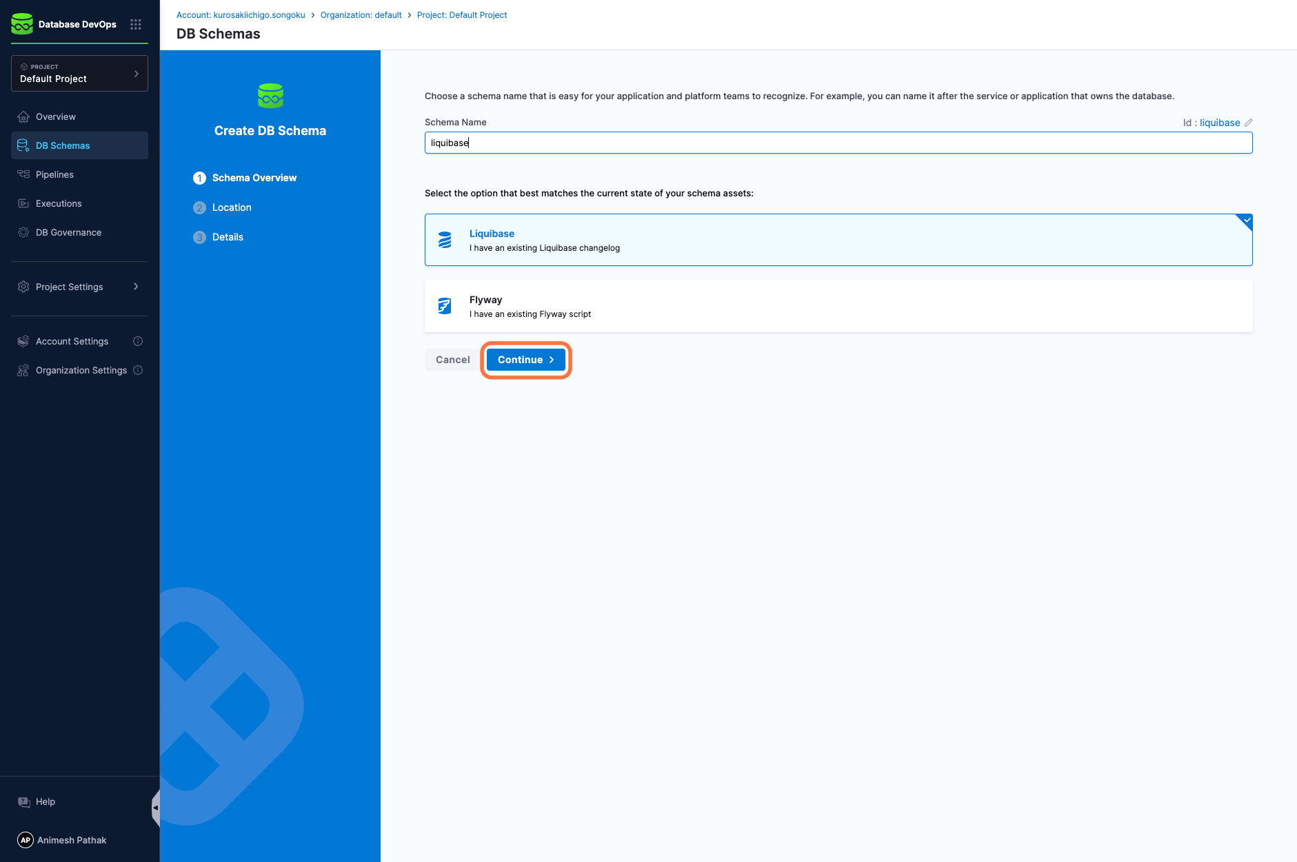Enter the Name of DB Schema and Select the Schema Migration Config