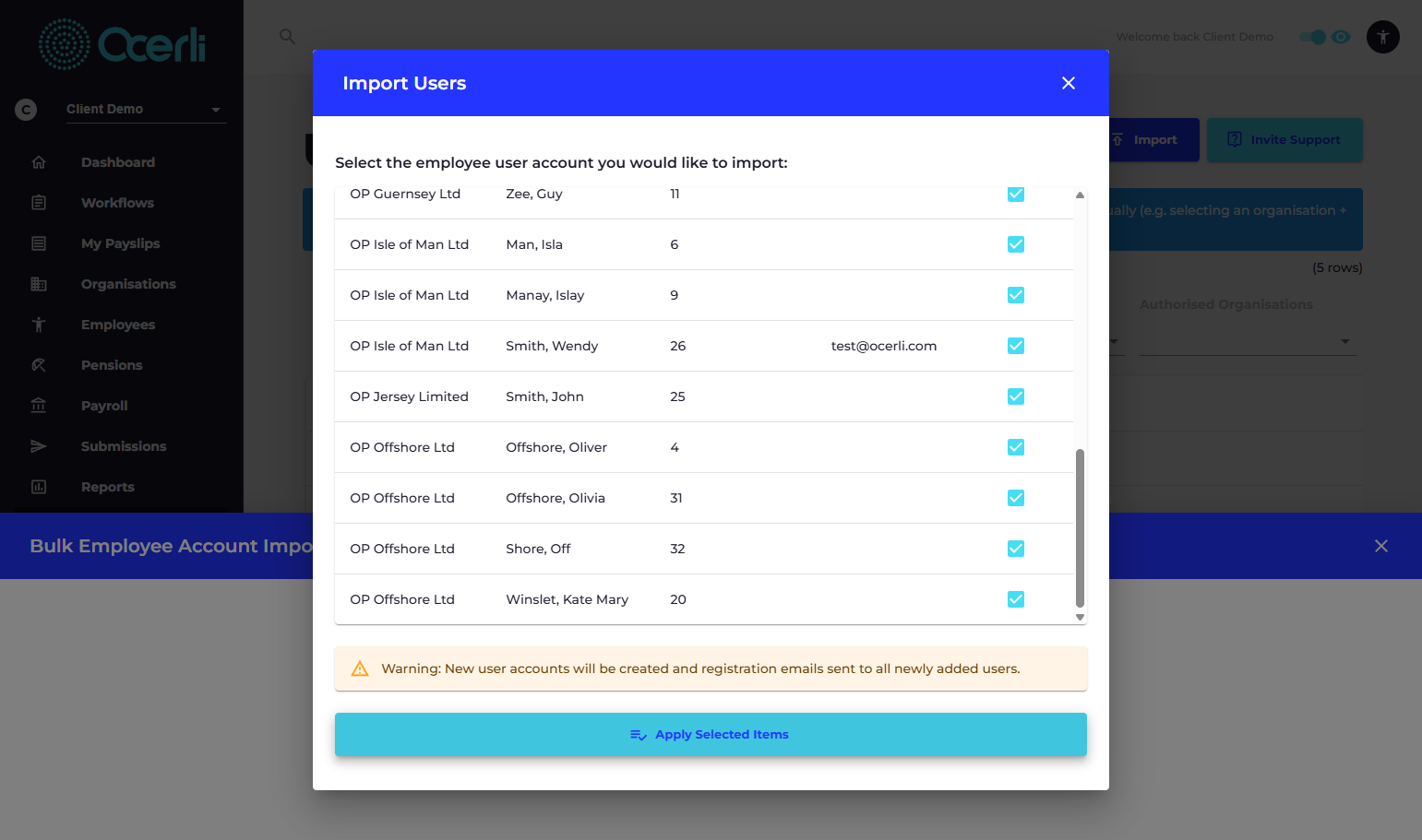 A. Double check each employee record is being associated to the correct email address. B. Warning: New user accounts will be created and registration emails sent to all newly added users. C. Click on Apply Selected Items once you have checked through