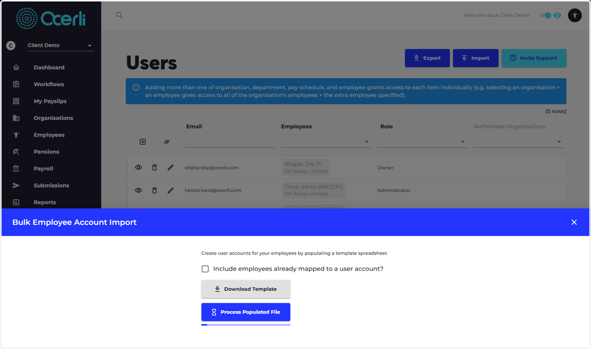 Once your import template is completed, save and close it. Return to Ocerli to the Users page and click Import once more, then clickProcess Populated File