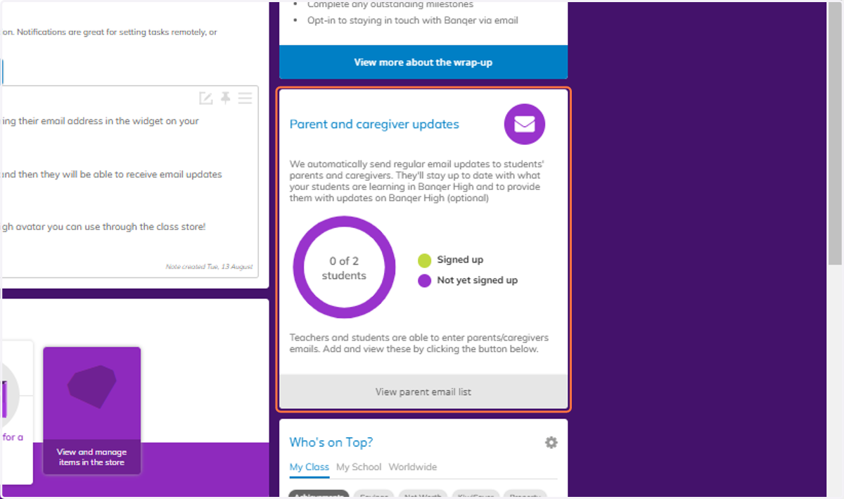 Navigate to your Parent and Caregiver Updates section, you can see here how many of your students have signed up their parent/caregiver's email address for updates.