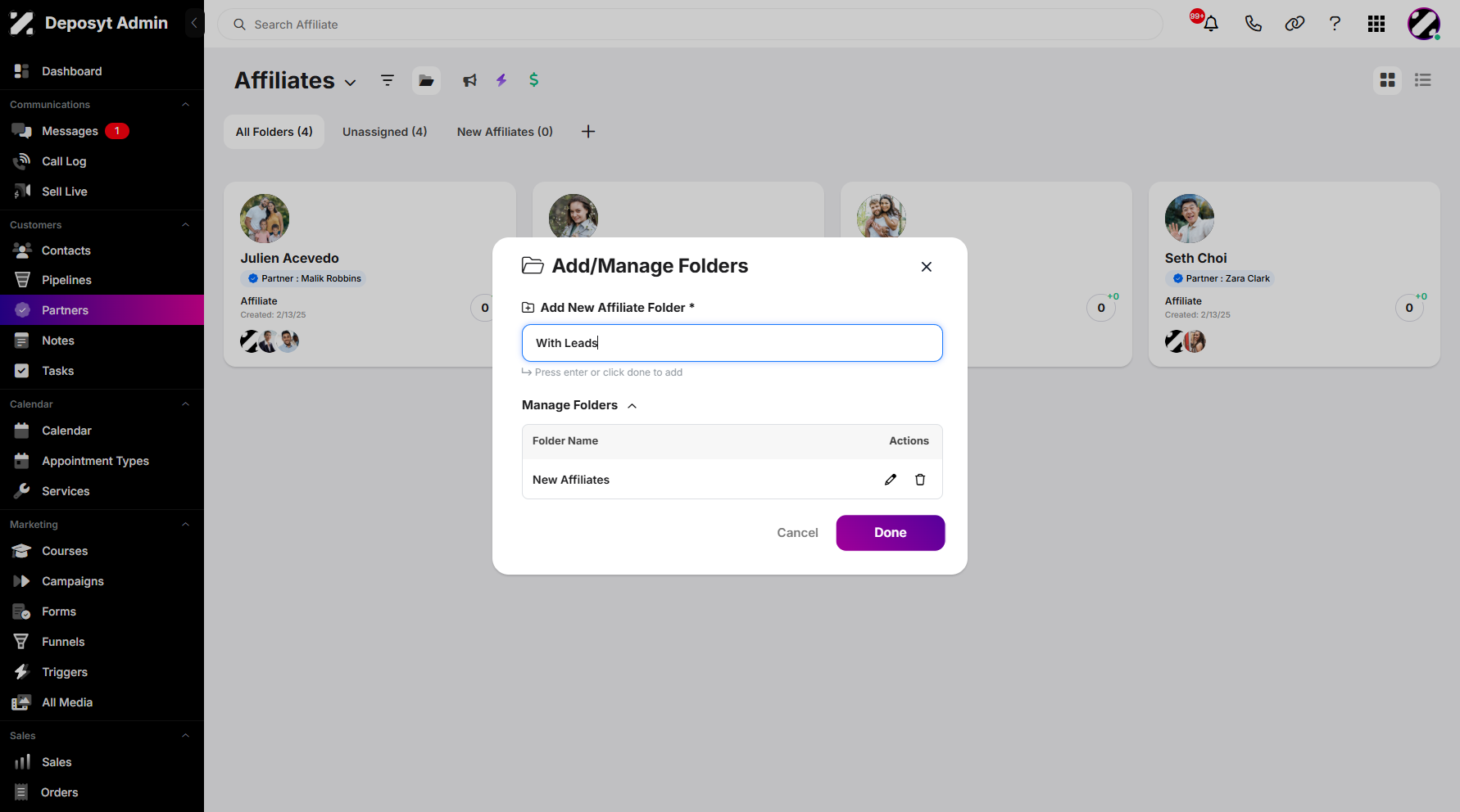 Step 8: After entering your new affiliate folder name, click Done to save and apply the changes.