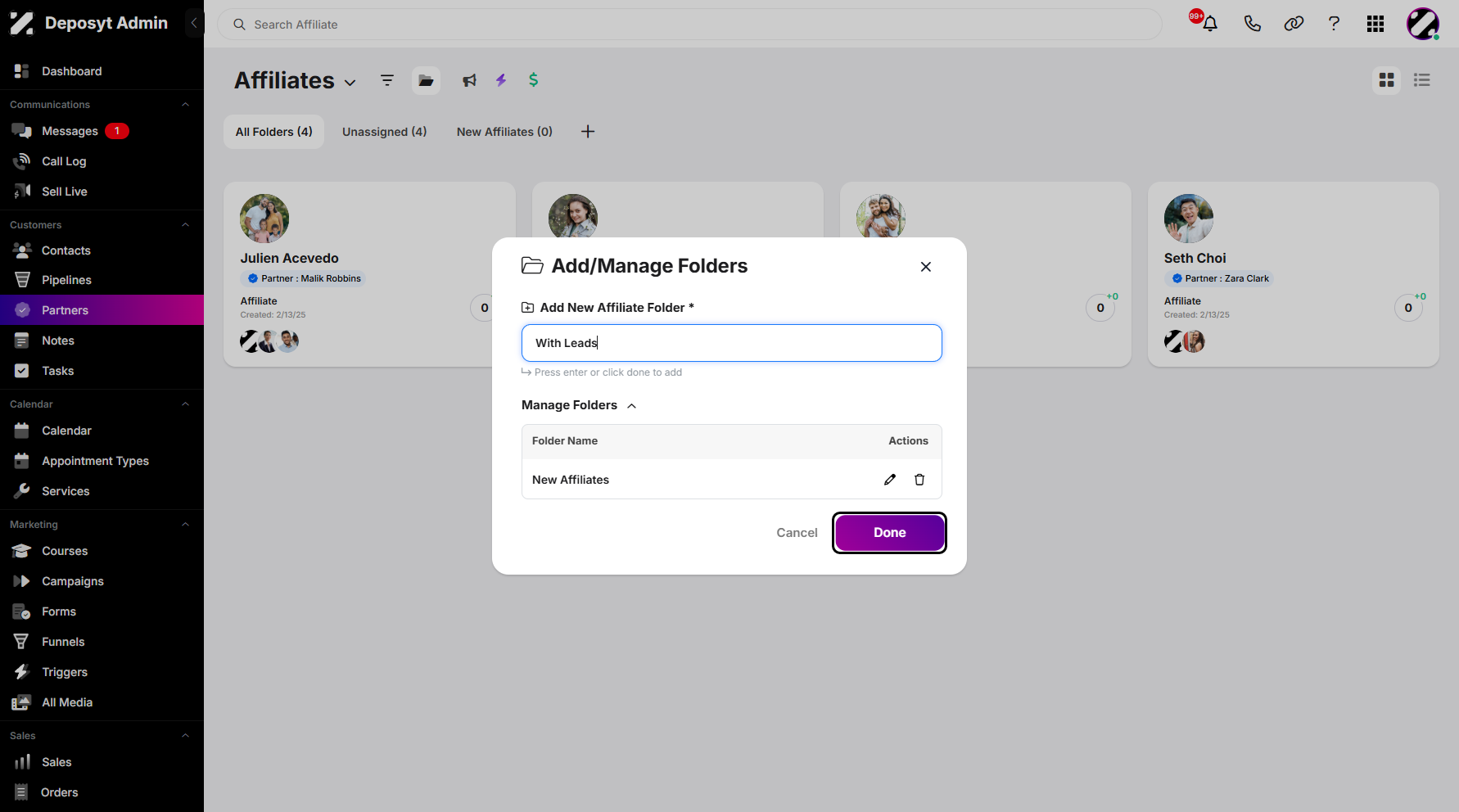 Step 8: After entering your new affiliate folder name, click Done to save and apply the changes.