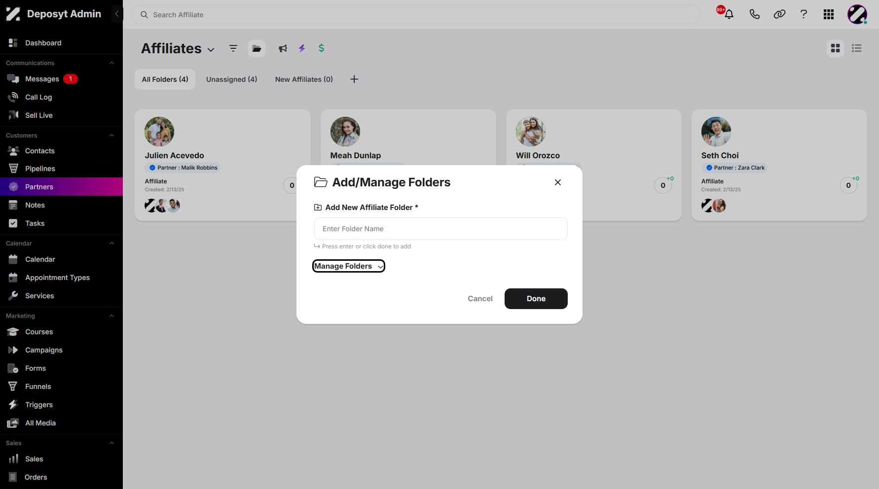 Step 6: To access and manage your existing folders, click the Manage Folders dropdown menu.