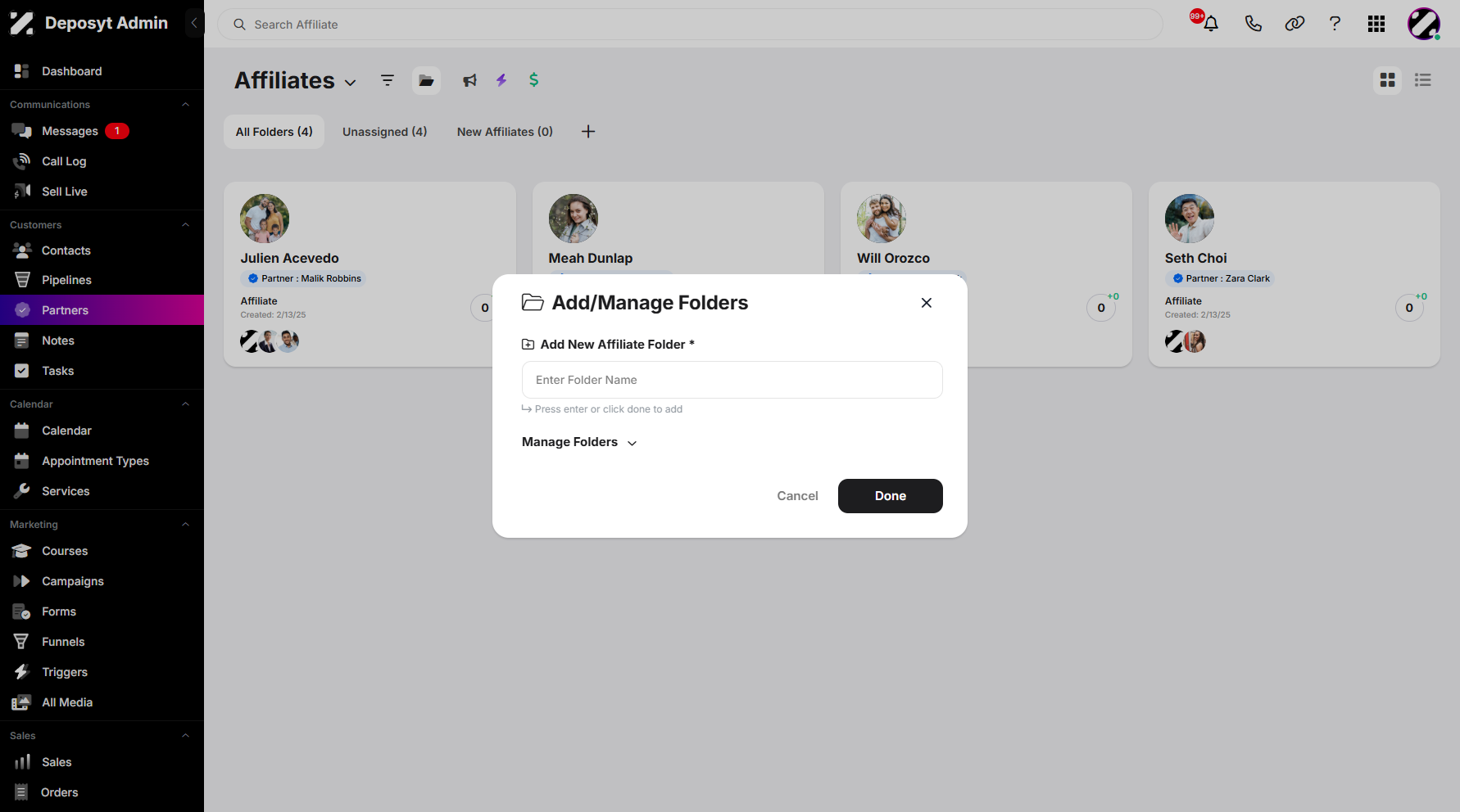 Step 5: A pop-up window will appear where you can add a new affiliate folder or manage existing ones.