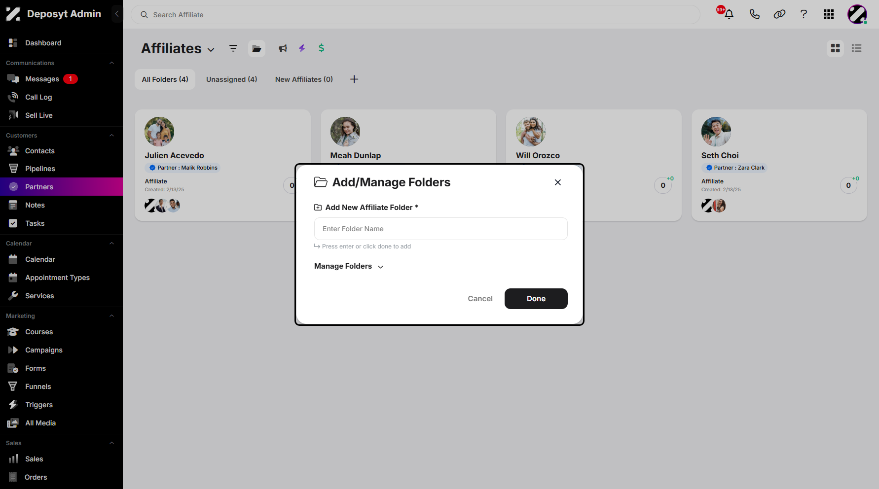 Step 5: A pop-up window will appear where you can add a new affiliate folder or manage existing ones.