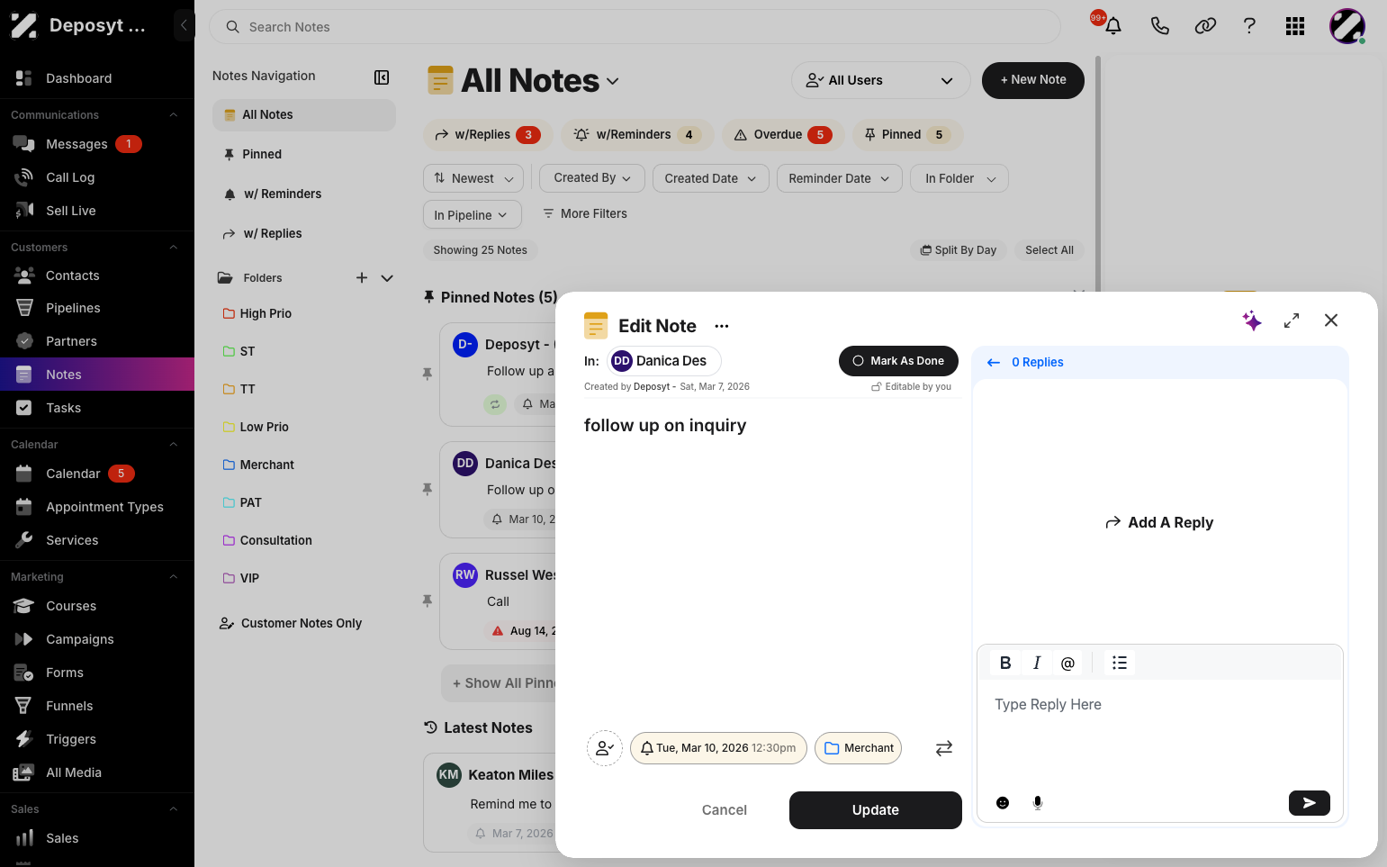 Step 3: A new pop-up will appear. On the left side, you can view and update your note, while on the right side, you can reply to the note.