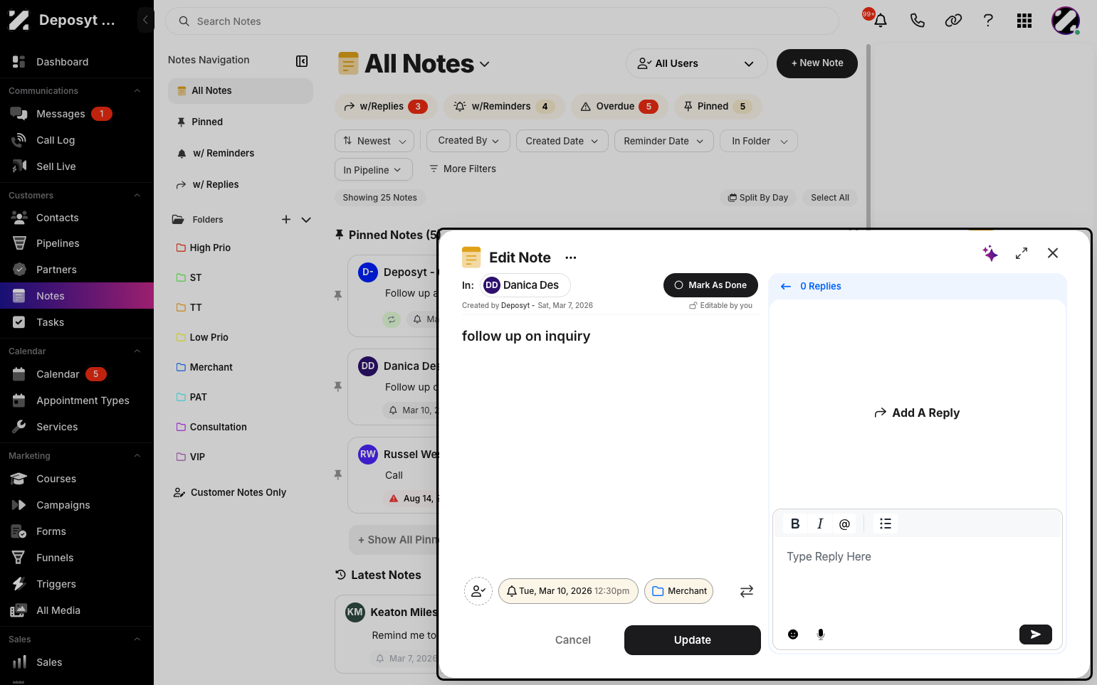 Step 3: A new pop-up will appear. On the left side, you can view and update your note, while on the right side, you can reply to the note.