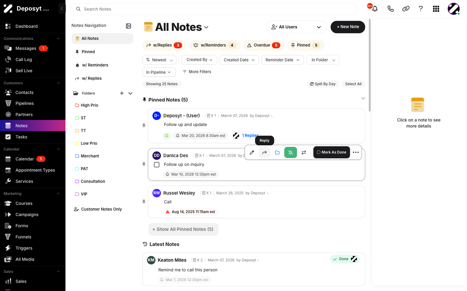Step 2: In the Notes section, hover over the note you want to reply to, and options will appear. Click the reply icon to respond to that note.