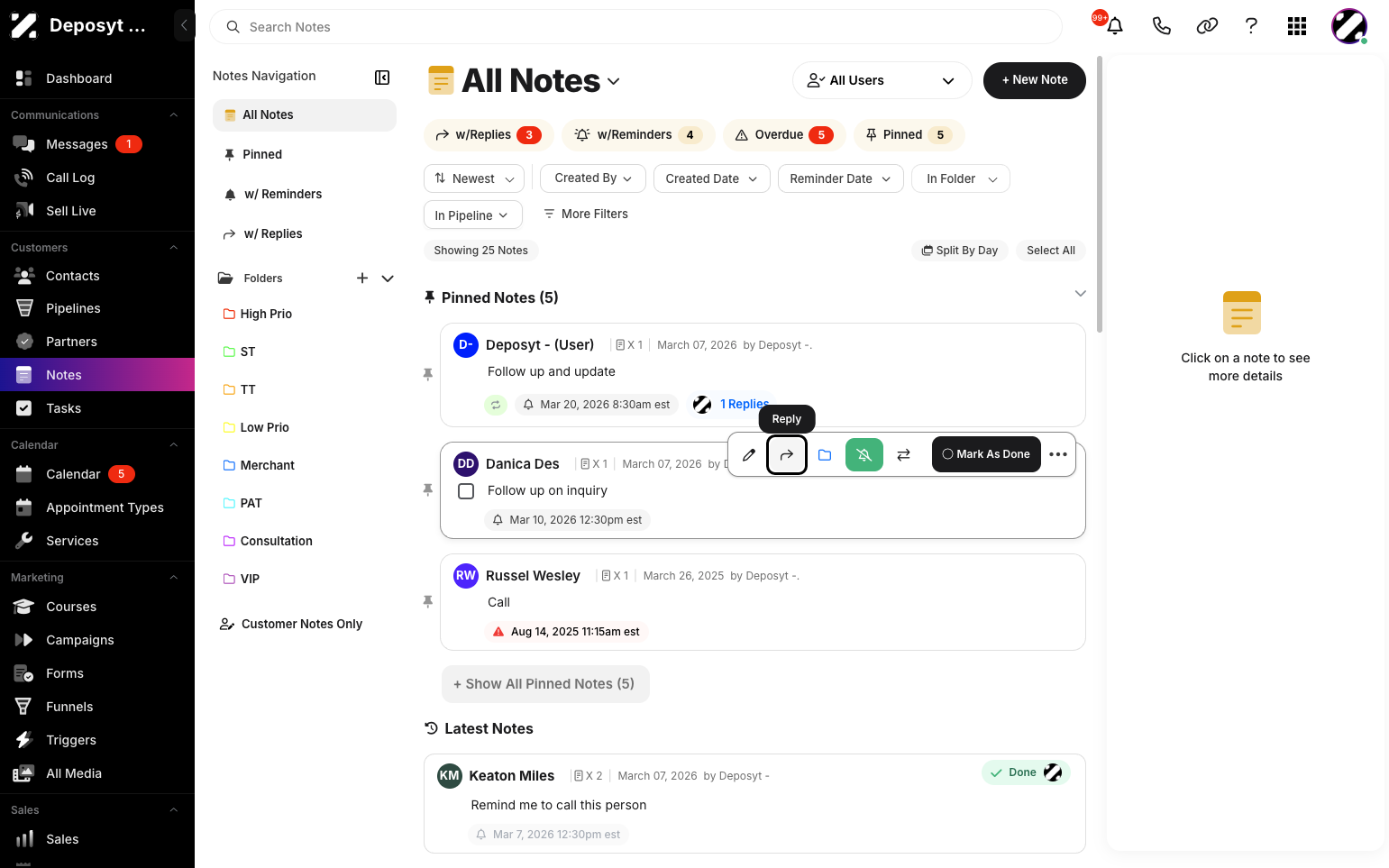 Step 2: In the Notes section, hover over the note you want to reply to, and options will appear. Click the reply icon to respond to that note.