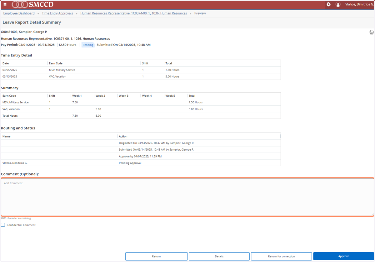 As an approver, you can either send the leave report back for corrections or approve it while adding a comment for clarification or feedback.