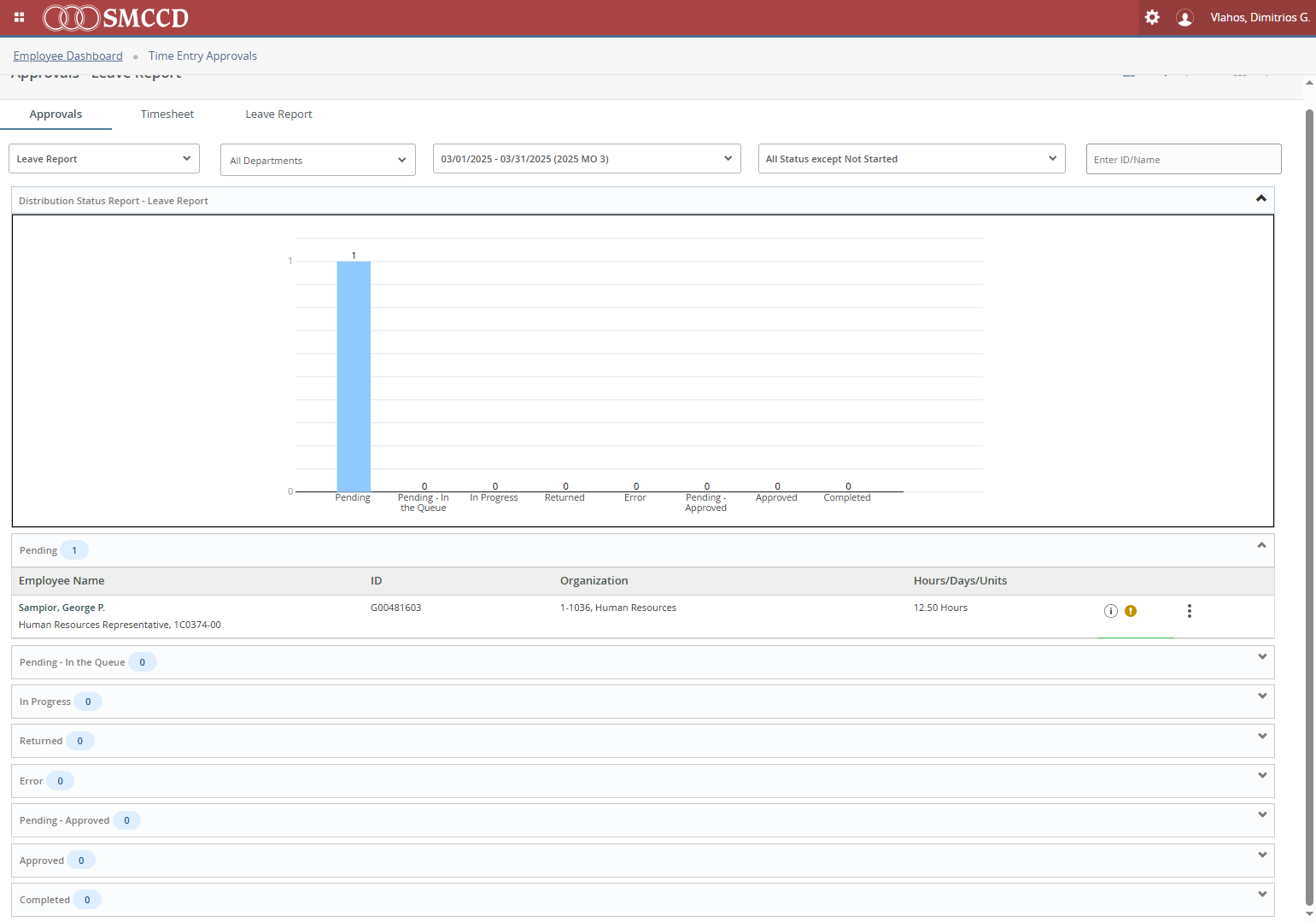 Click on the employee's name or select the action menu to enter the employee's leave report.