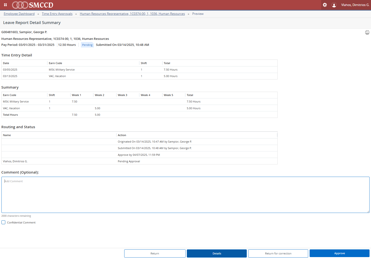 If you click on "Details," it will take you to a detailed calendar view of the employee's leave report.