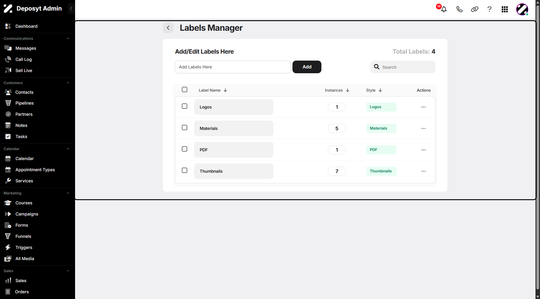Step 4: You will then be redirected to the Labels Manager section. Labels are tags or categories you assign to records (like contacts, leads, deals, or companies) to help you organize, group, and quickly identify them.