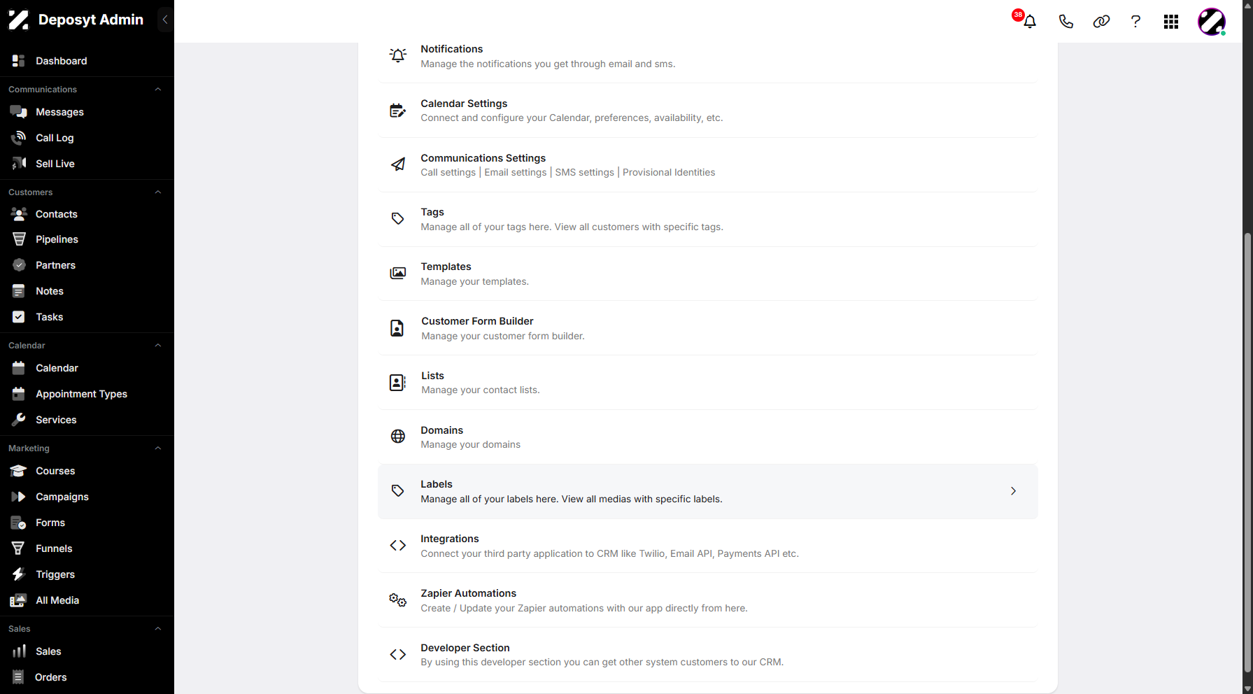 Step 3: You will then be taken to the Settings page. Scroll down and click on Labels to continue.