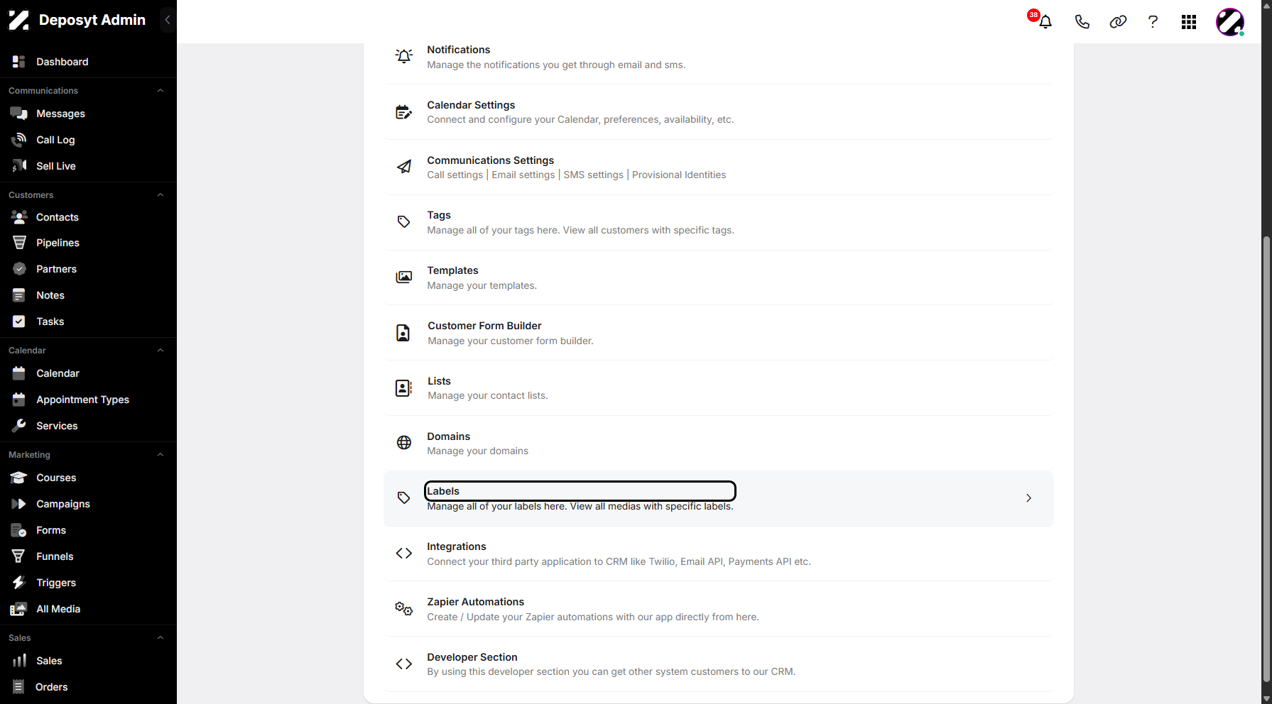 Step 3: You will then be taken to the Settings page. Scroll down and click on Labels to continue.