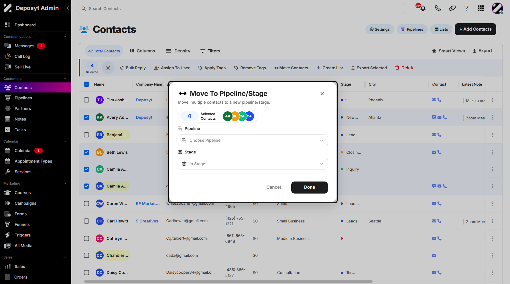 Step 6: A pop-up window will appear, allowing you to configure the action. From here, select a Pipeline and Stage for the entries. You can also see the total number of selected contacts.