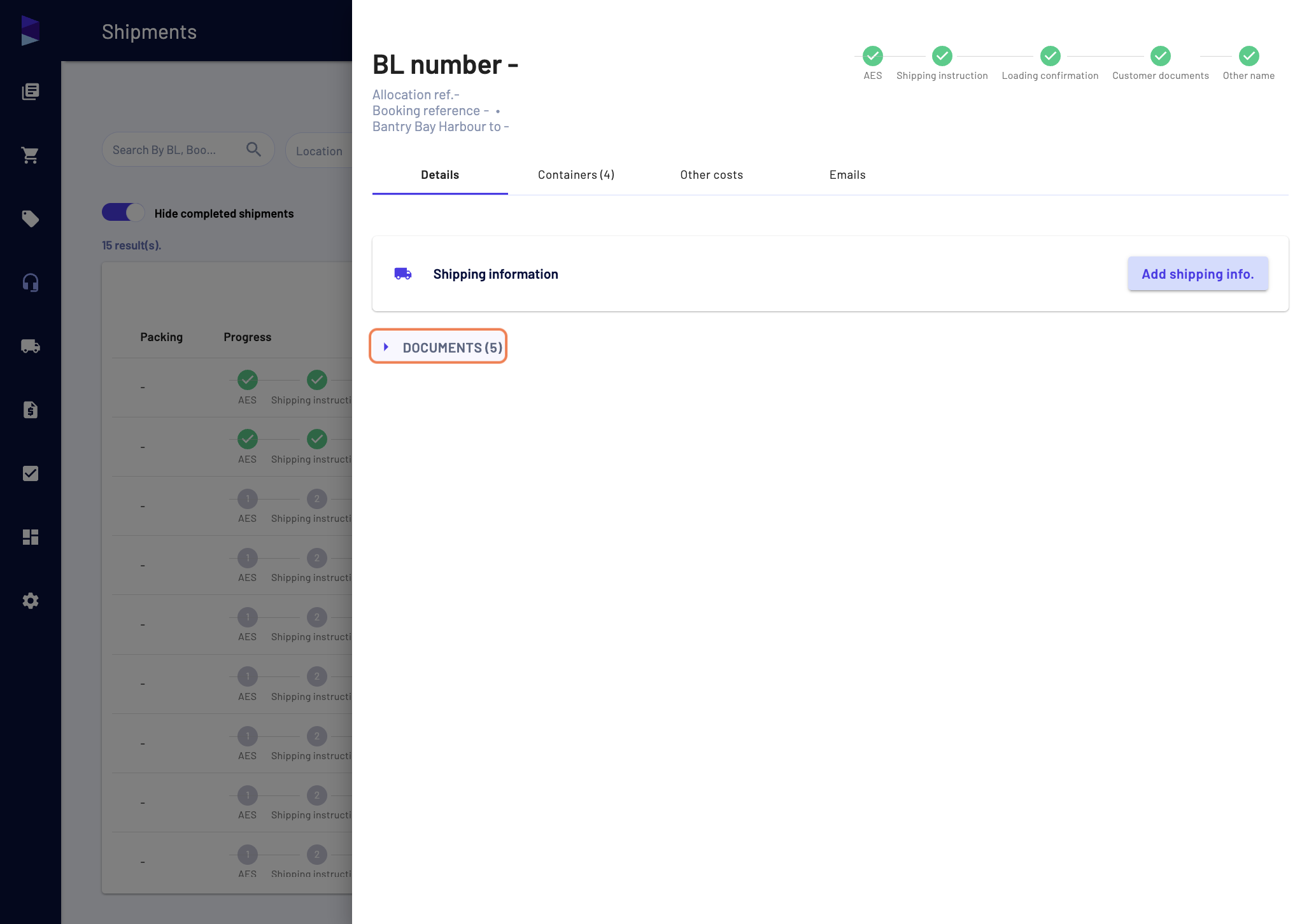 The status edition will also reflect in your document list. You can access it in the drawer (by clicking on any shipment) and then clicking on "Documents"