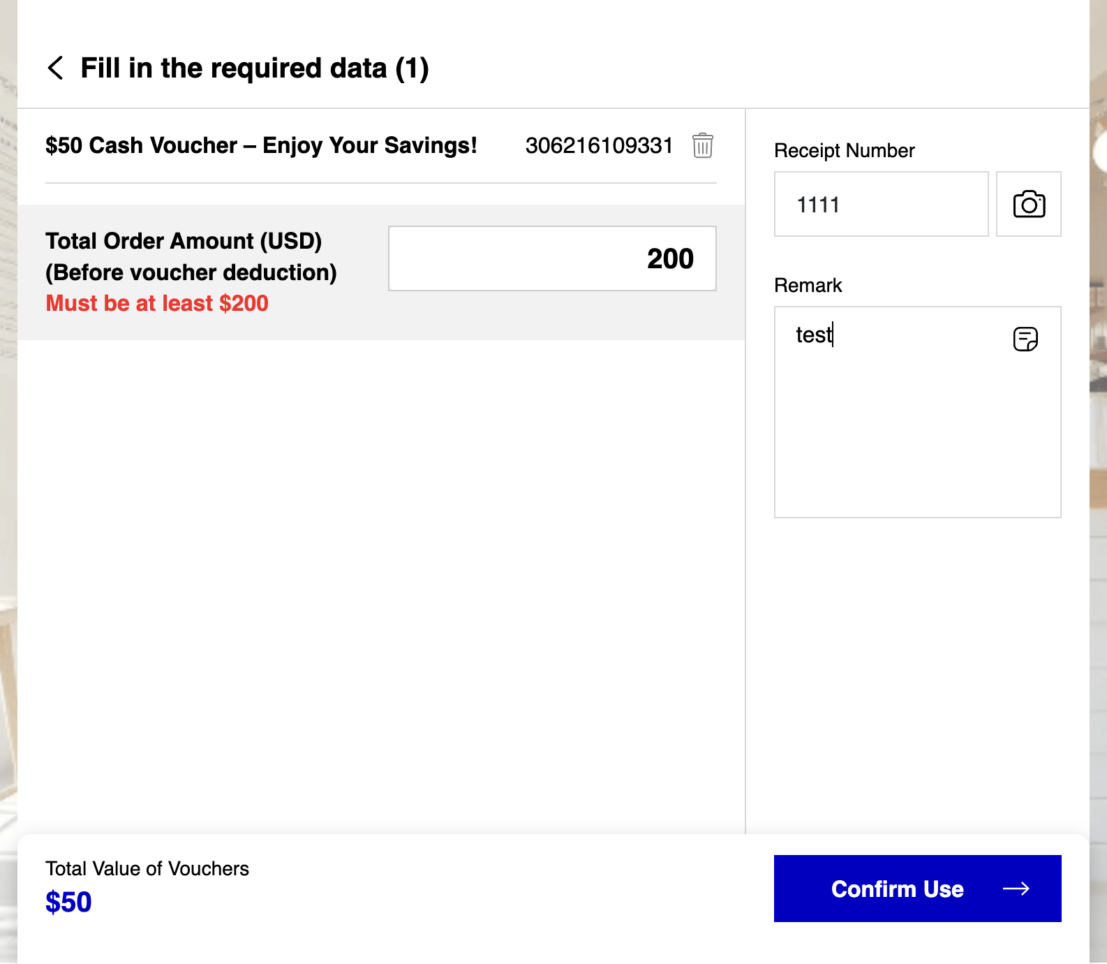 A. Fill in the Total Order Amount (Before voucher deduction) B. Fill in the Receipt Number. This field is required C. Add remark if required